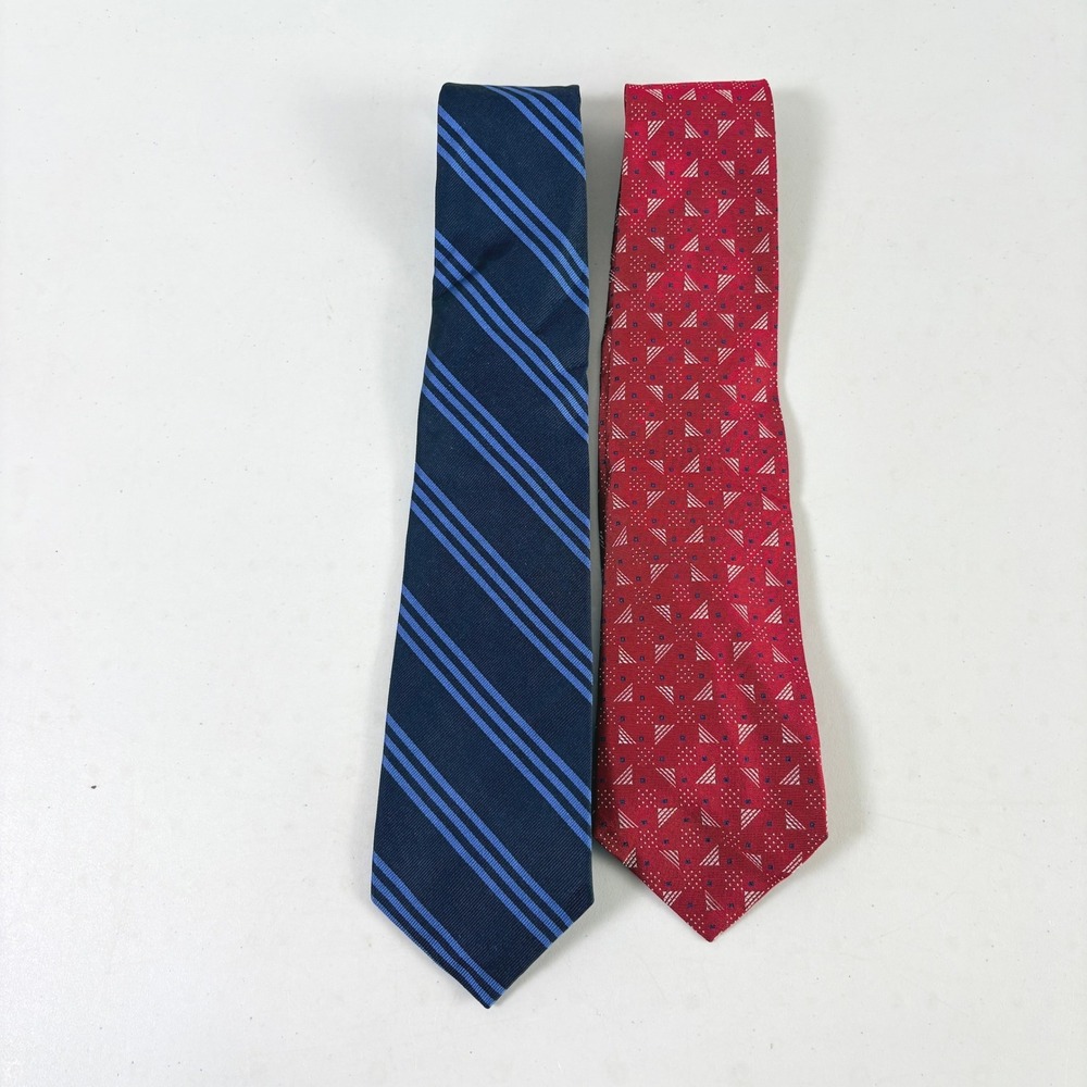 Lauren Ralph Lauren Silk Tie Lot of 2 Blue Red Geometric Striped Hand Finished